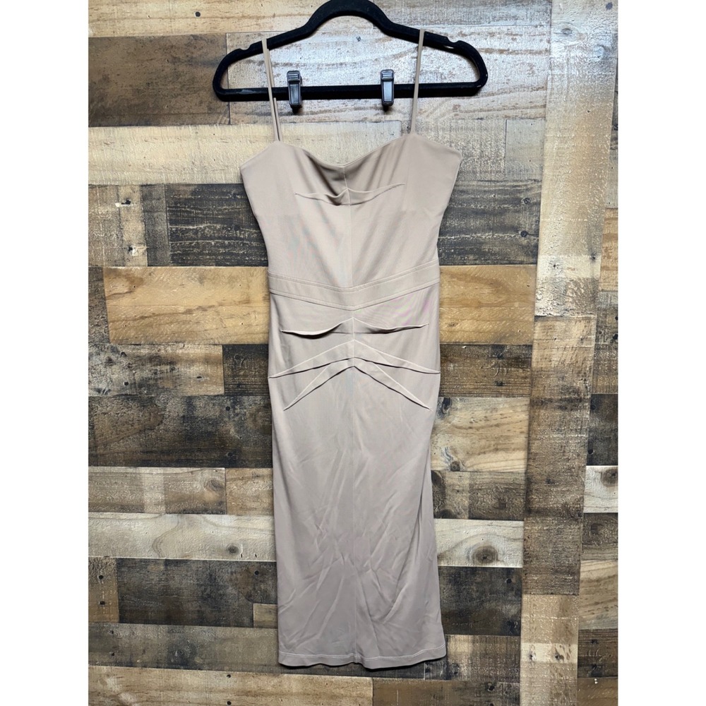 Andy The-Anh Taupe Beige Bodycon Midi Dress Spaghetti Strap Pleated Detail XS